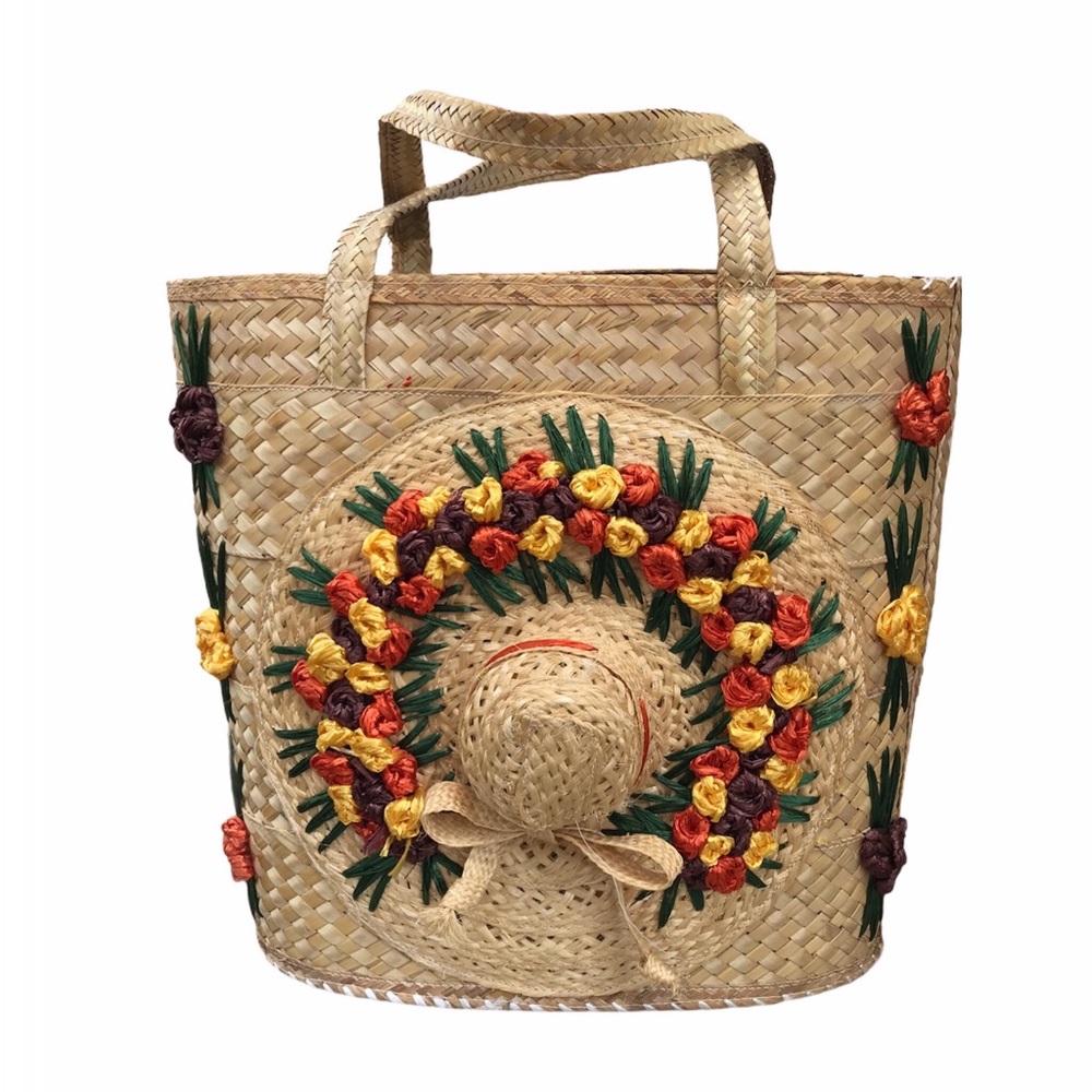 Large Boho 3D Beach Straw Tote Floral Hat Design